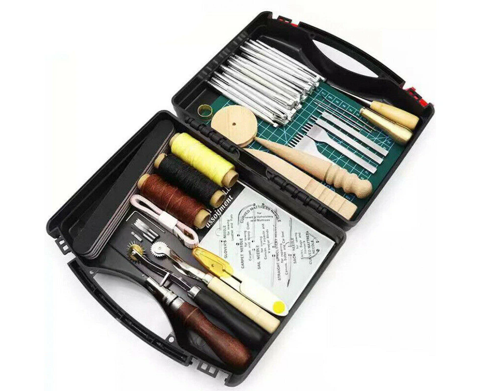 DIY Leather Craft Hand Tools Kit Stitching Sewing Stamping Punch Carve Work Sets 59 Pieces Tool with A5 Pad and Storage Case