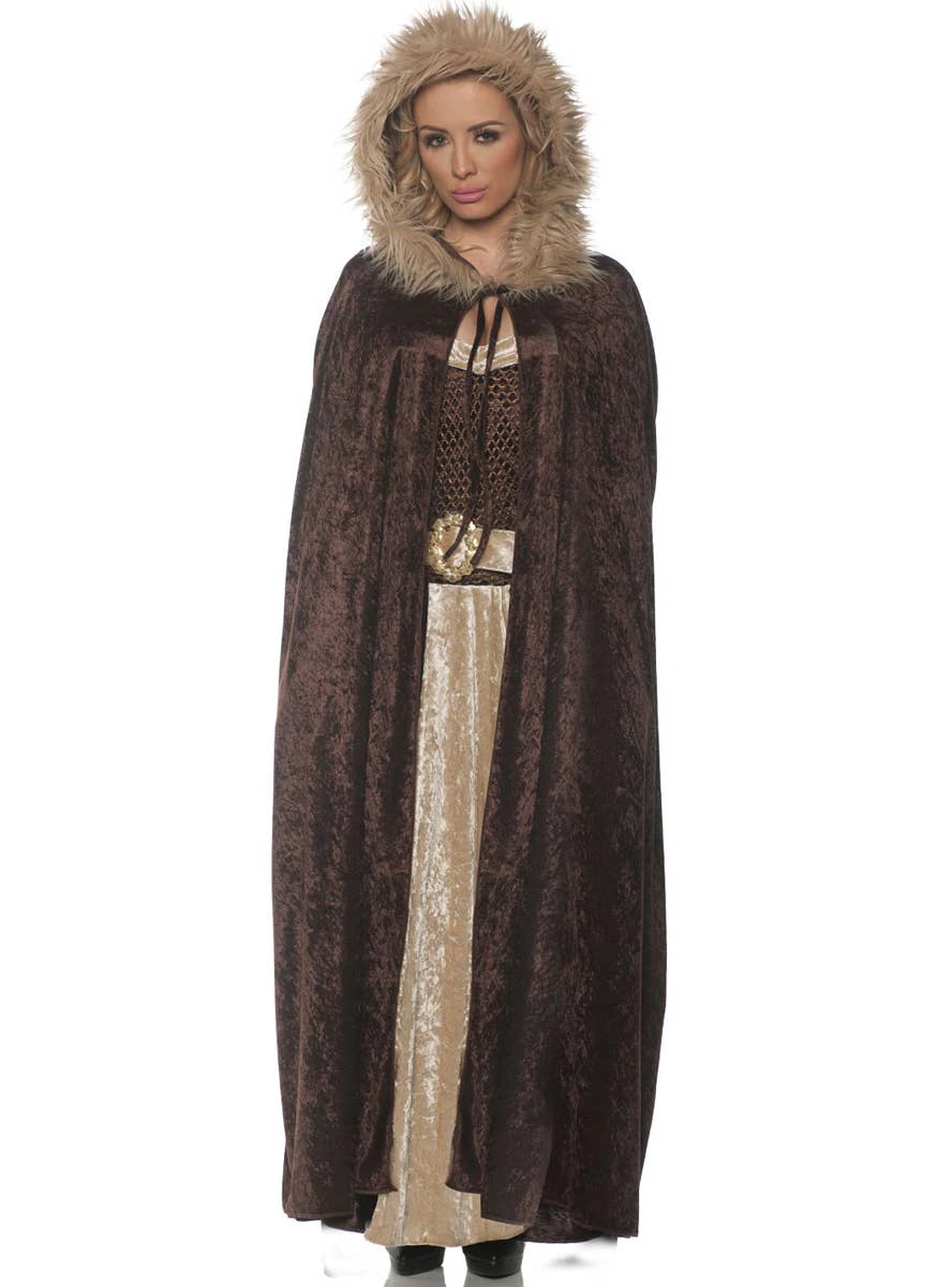 Medieval Brown Velvet Womens Hooded Costume Cape