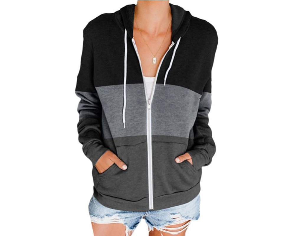 Women Color Block Hooded Sweatshirt Basic Zip-Up Jersey Jacket - Black