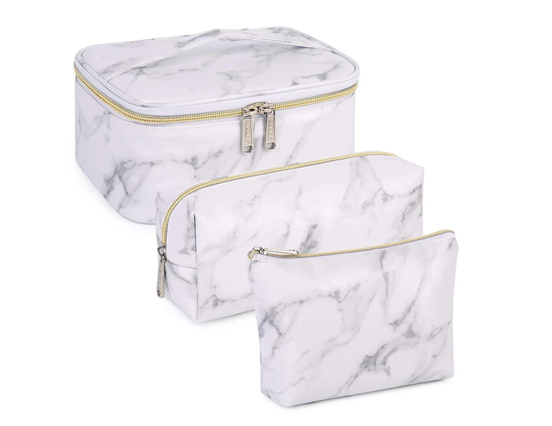 3 Pieces Makeup Bag Toiletry Bag Portable Cosmetic Pouch Travel Organizer Water-resistant for Women - Marble White