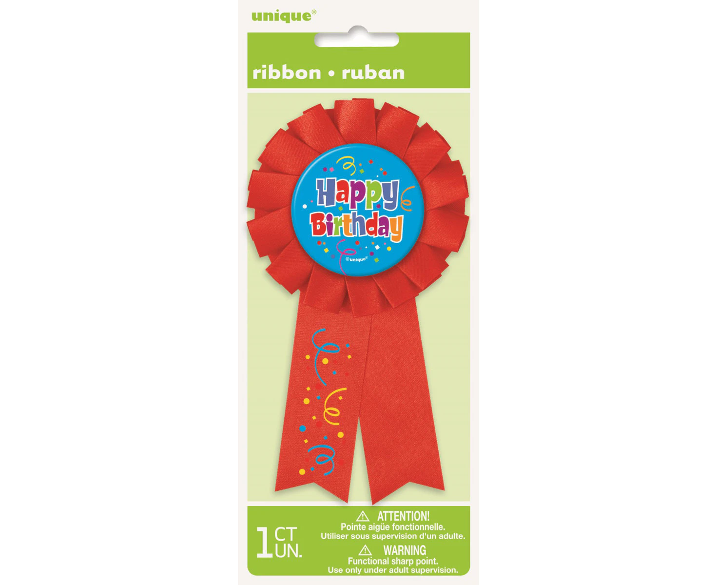 Pack of 1 Happy Birthday Confetti Award Ribbon Badge Party Decoration Red