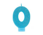 Number 0 Birthday Blue Glitter Candle