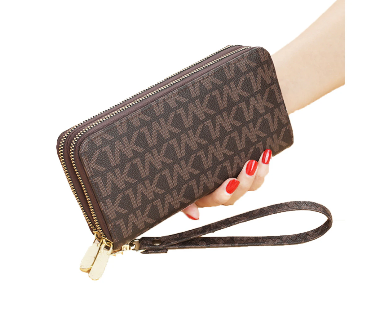 Double Zipper Women Wallet Card Holder PU Leather Phone Bag-Bronw