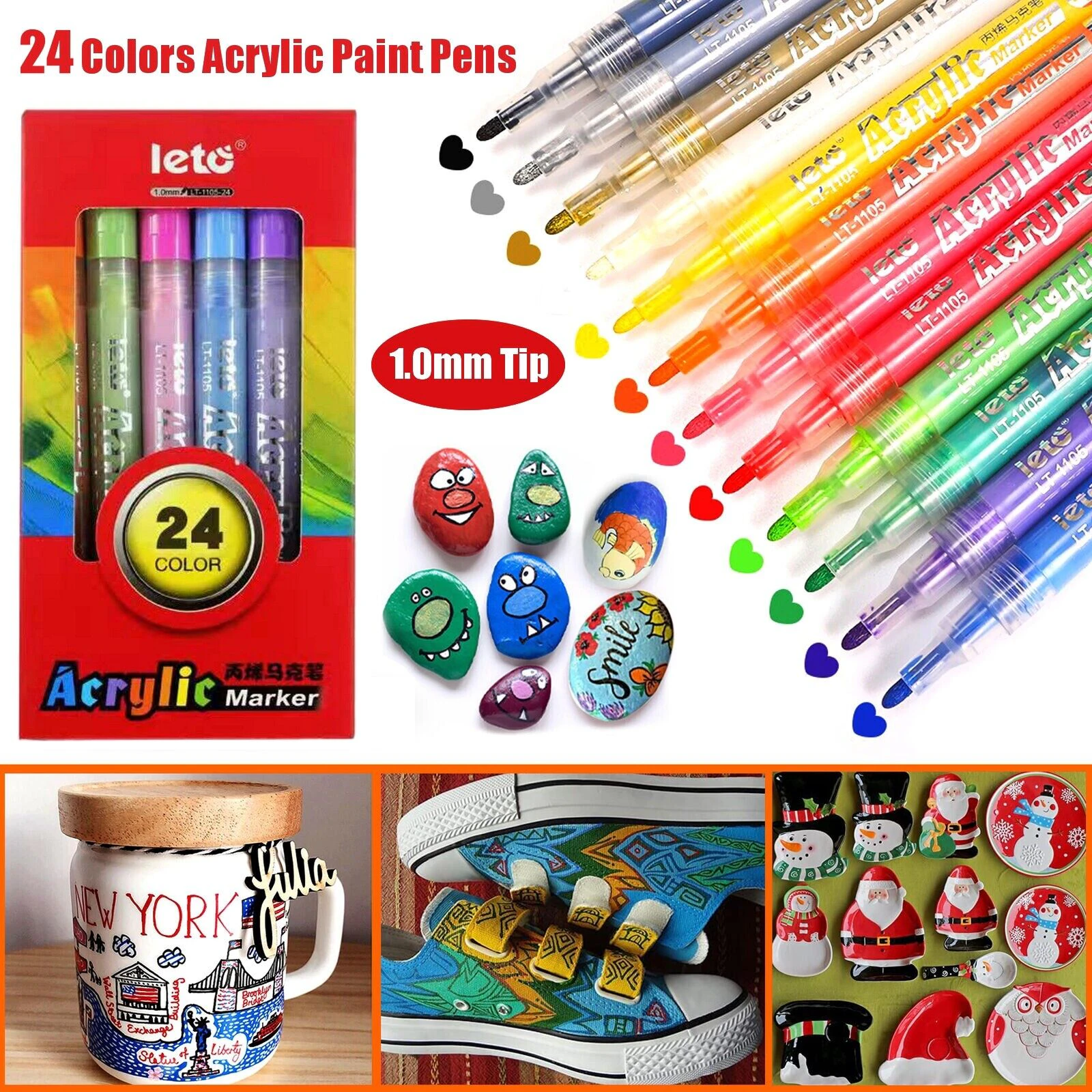 24 Pcs Acrylic Paint Marker Pens 1mmTip Waterproof Metal Glass Rock Wood Plastic