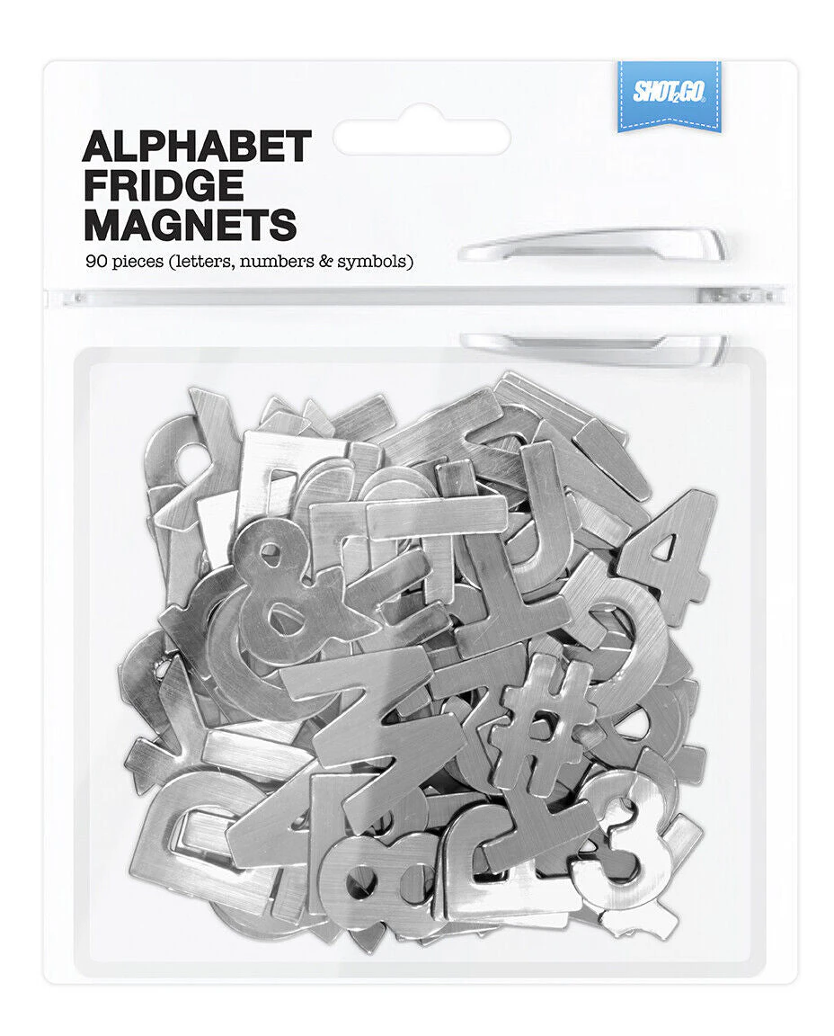 Shot2go Pack of 90 Metallic Magnetic alphabet letters numbers & symbols - Silver