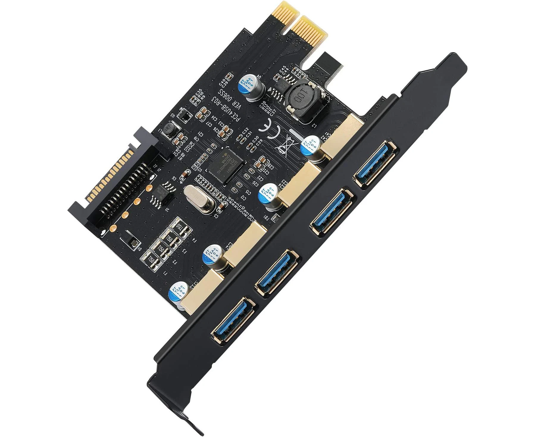 USB3.0 4-Port Expansion Card, PCI-E To USB 3.0 Type-A Expansion Card with 15-pin SATA Power Connector， Suitable for Windows XP/ 7/8/10 / Linux