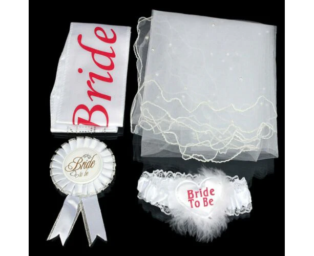 White Set Bride To Be Hens Night Party Veil White Badge Sash Lace Garter Set Bachelorettes