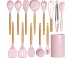 Set of 14 Silicone Utensils Set Wooden Cooking Kitchen Baking Cookware ~ Pink