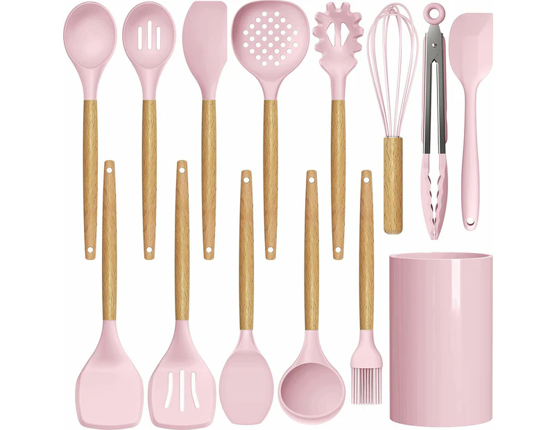 Set of 14 Silicone Utensils Set Wooden Cooking Kitchen Baking Cookware ~ Pink