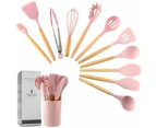 Set of 14 Silicone Utensils Set Wooden Cooking Kitchen Baking Cookware ~ Pink