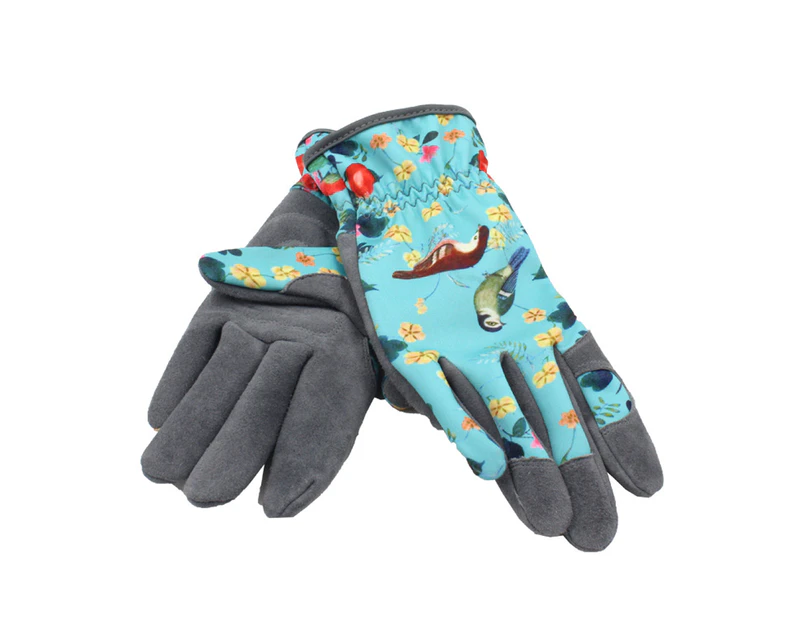 Ladies Gardening Printed Gloves Cowhide Leather for Yard Work and Daily Work - Blue
