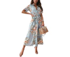 Women's V-Neck  Split Maxi Dress - Light Blue