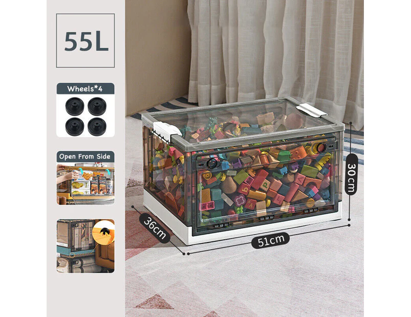 2x Foldable Clear Container Box With Lid 3 Way Access Toy Book Linen Storage 55L