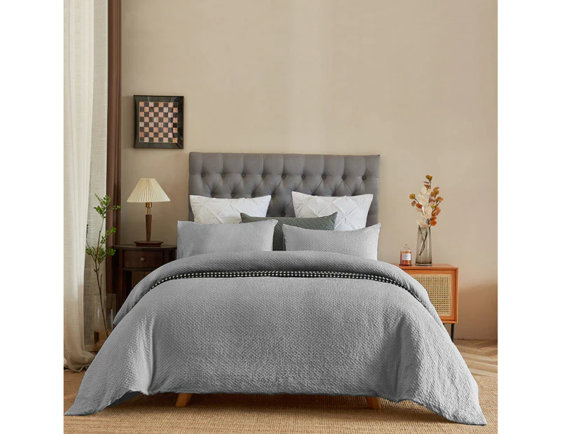 100% Cotton Seersucker Pattern Silver Grey Quilt Doona Duvet Cover Set