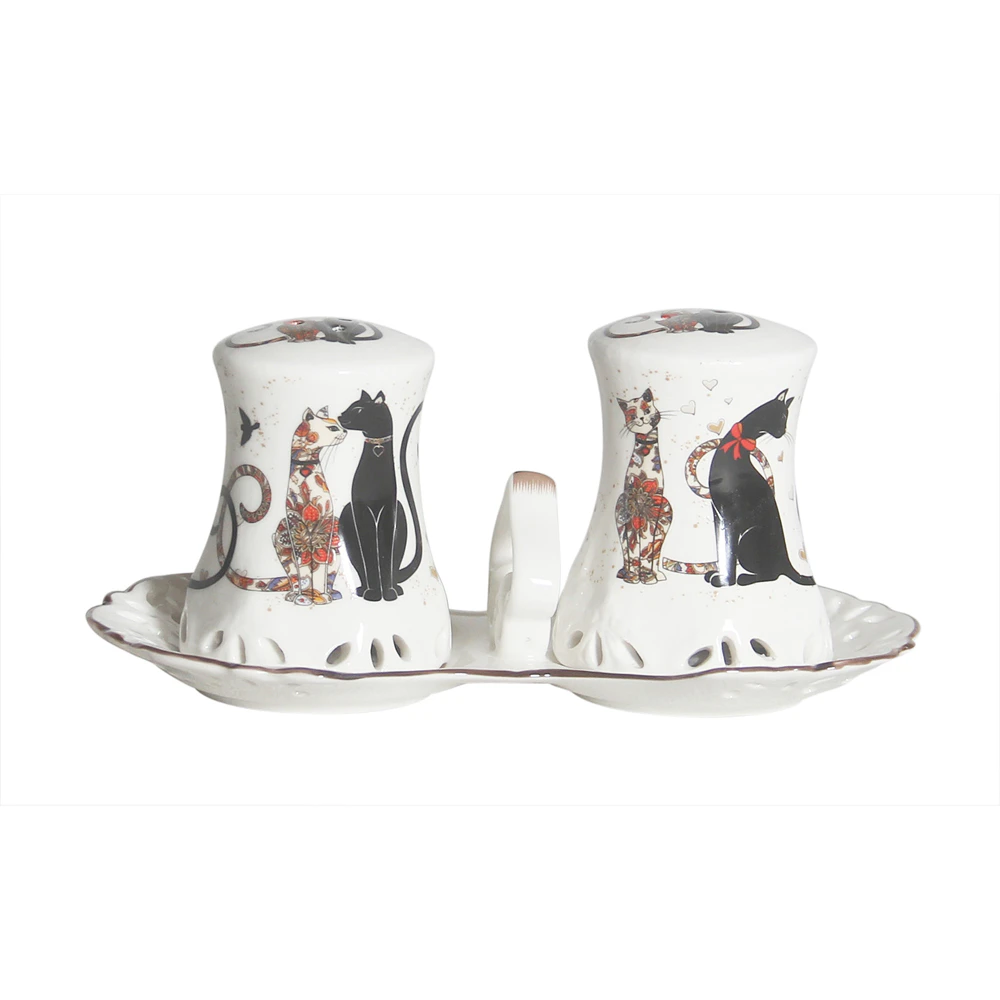 Kitchen China Salt and Pepper Set Embossed Cat with Tray