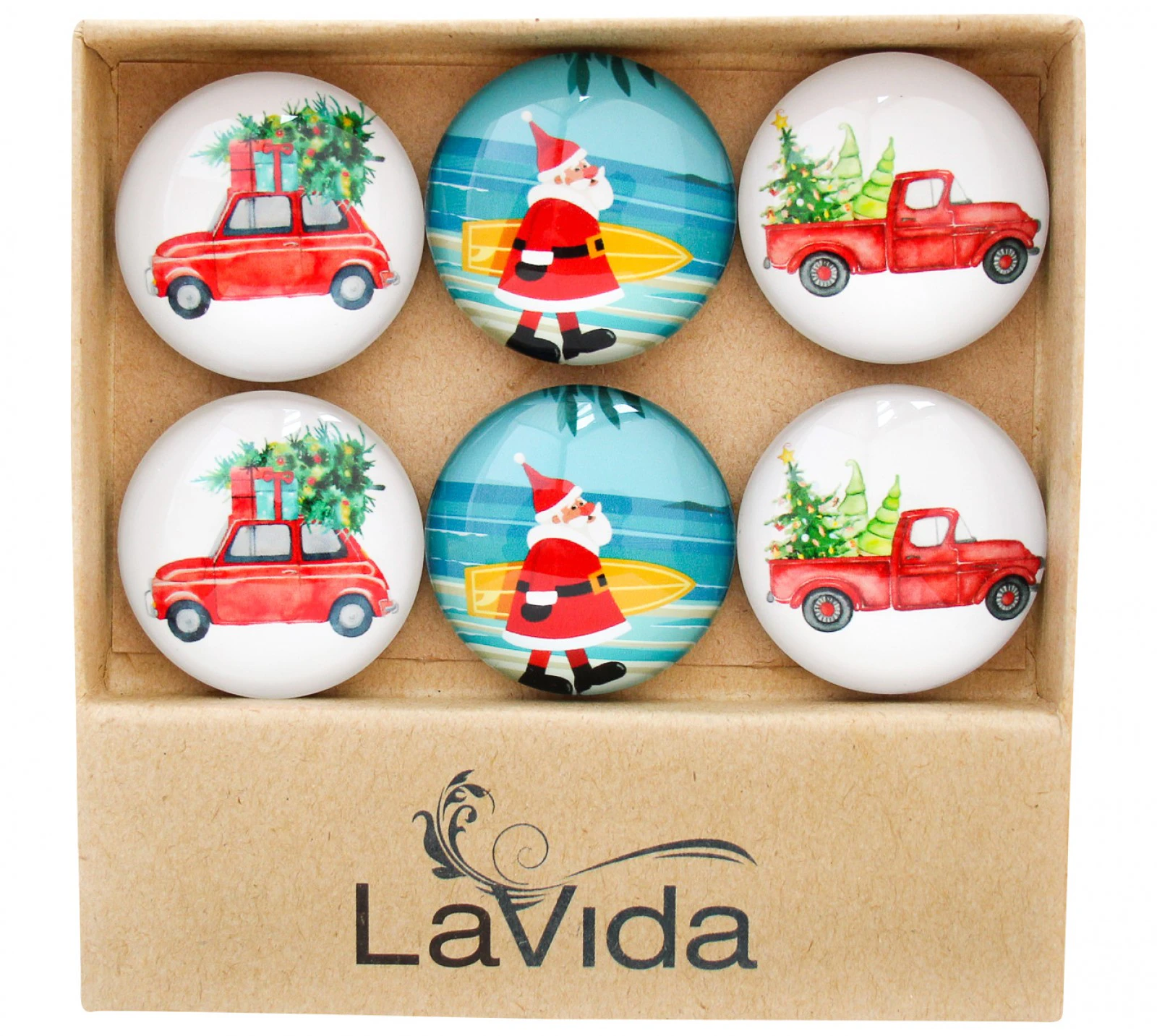 Christmas Glass Magnets Xmas Time Truck Santa Set of 6