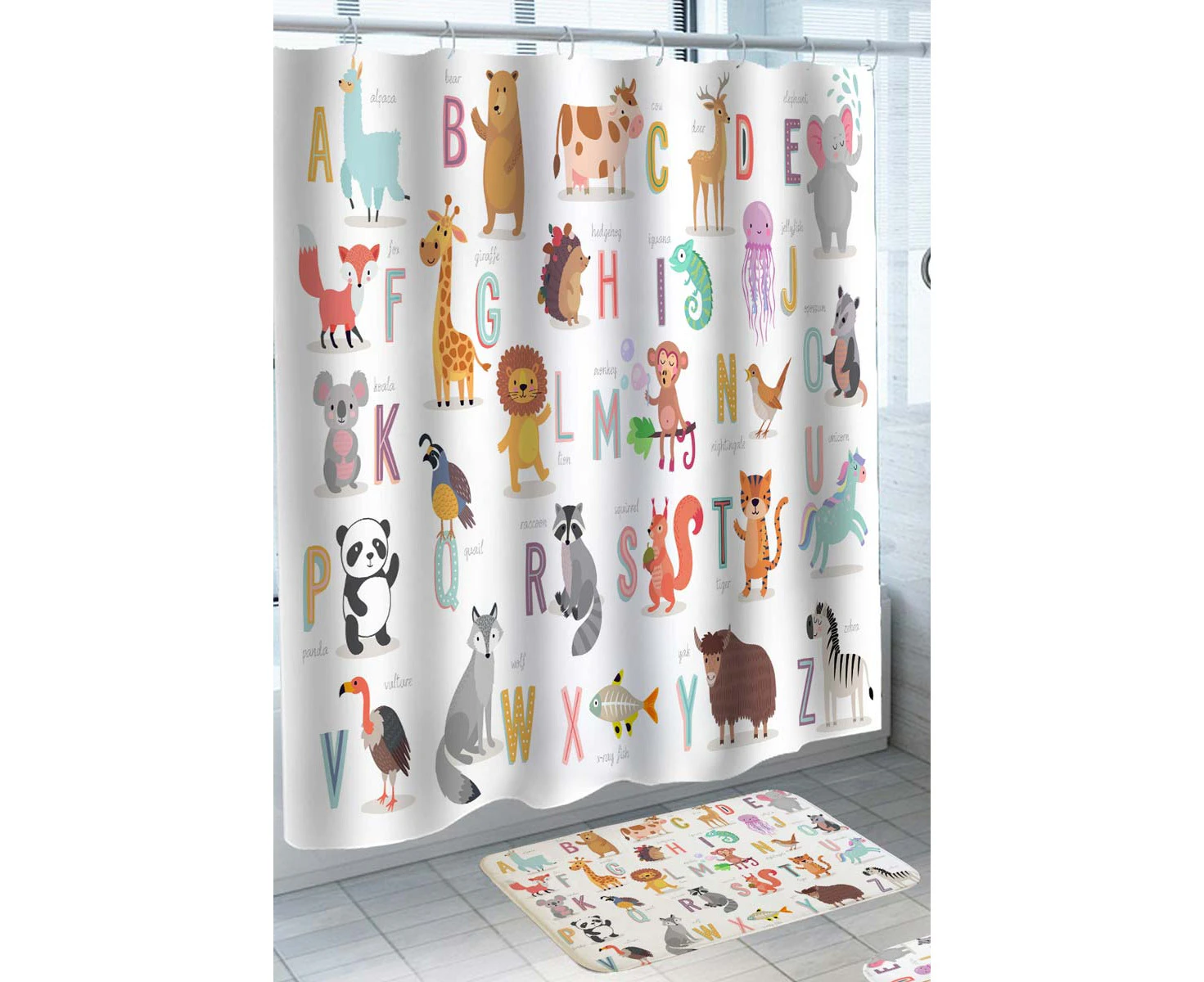 Children Alphabet Animals Names Shower Curtain and Bath Mat Set