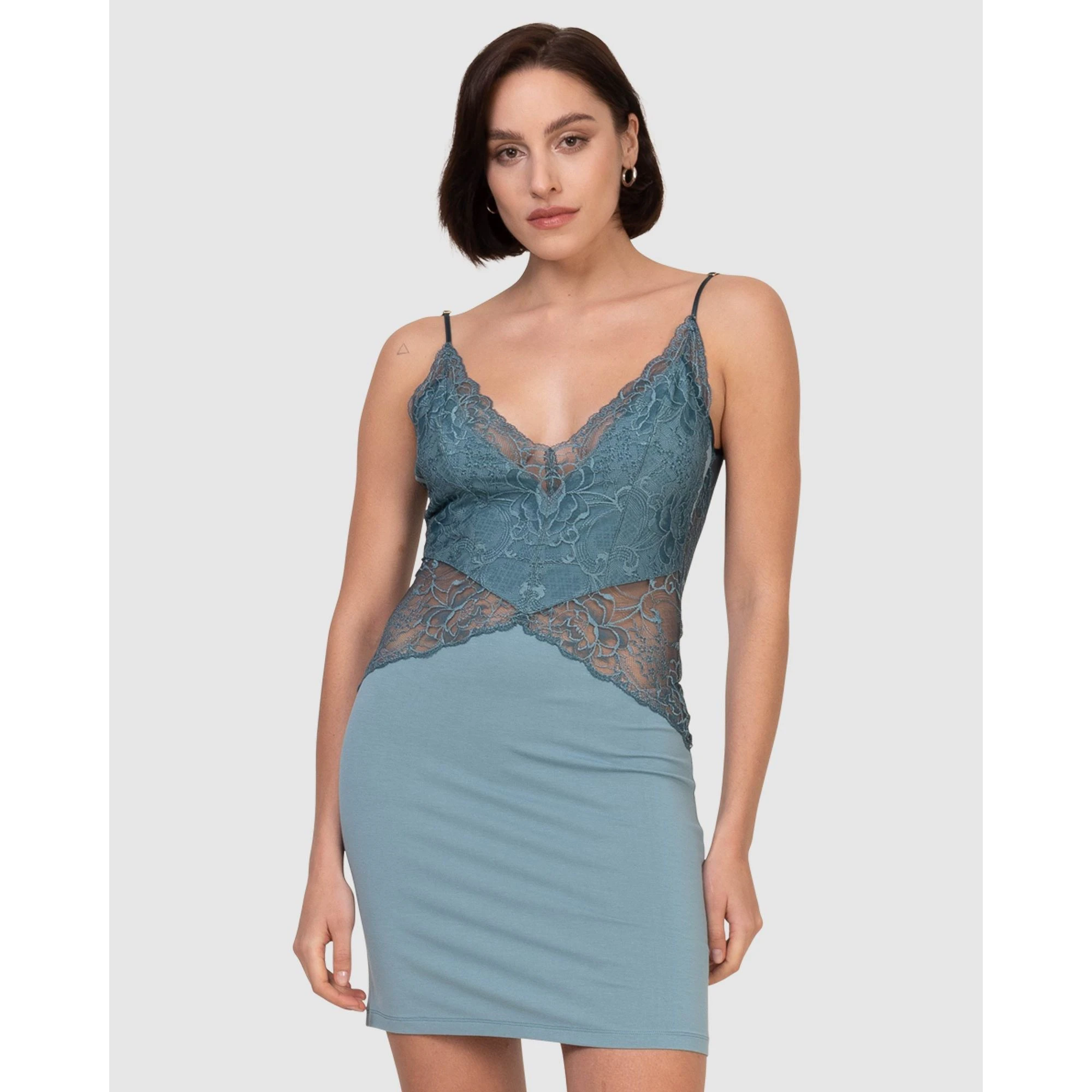 Oh!Zuza V Neck Viscose & Lace Chemise in Aqua