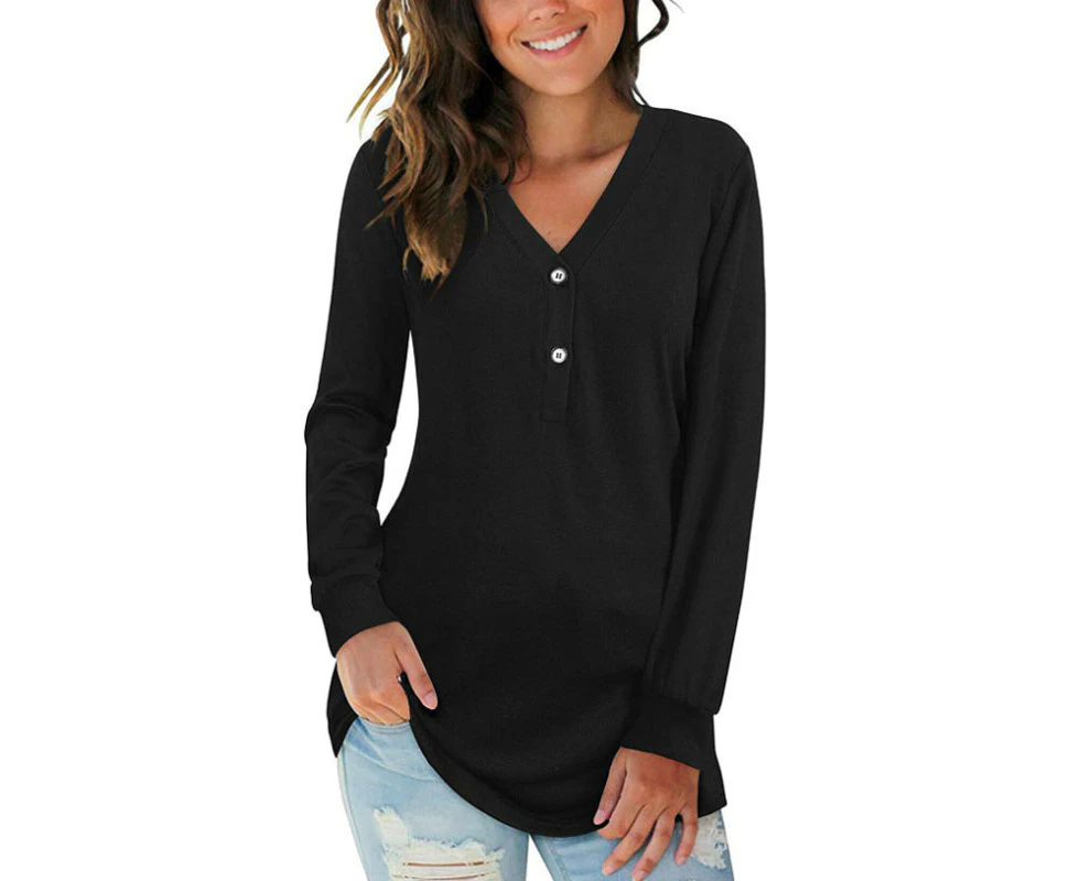 Women's Long Sleeve V-Neck Buttoned Loose Top - Black