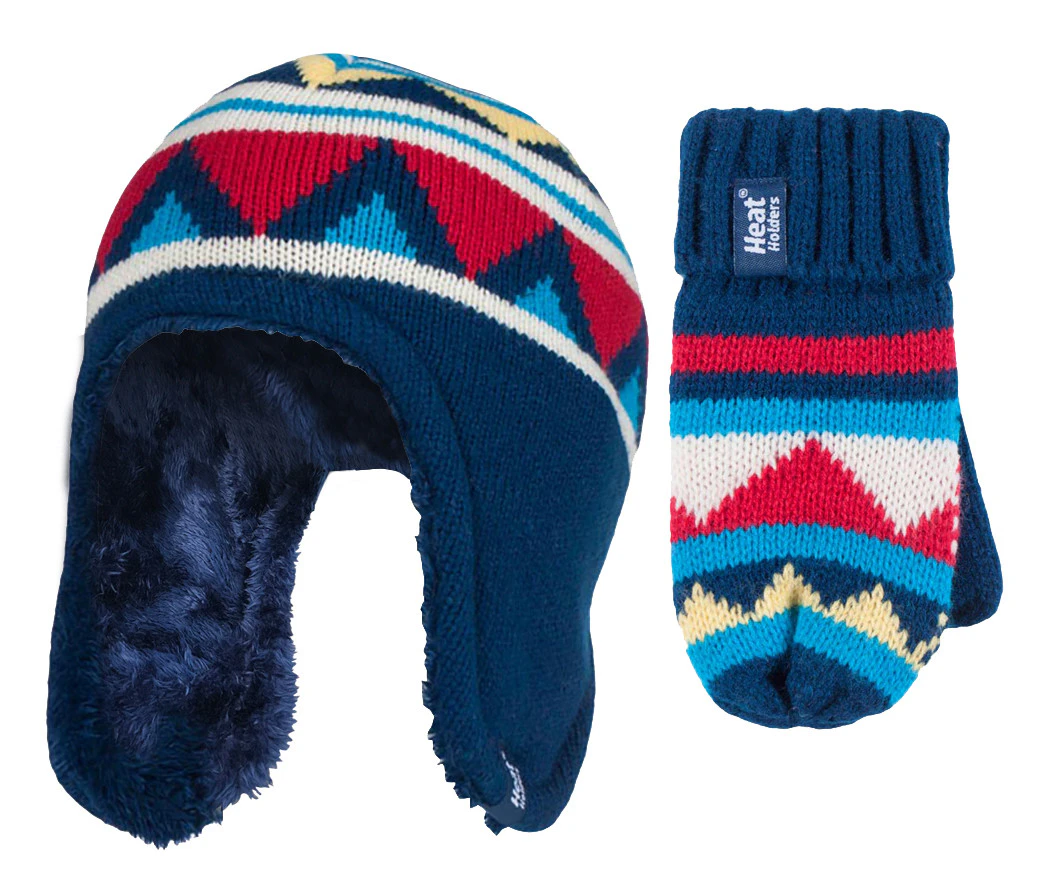 Heat Holders - Childrens Boys Winter Warm Fleece Lined Thermal Hat and Mittens Set with Ear Flaps (3-6 Years, NM1P4) - NM1P4