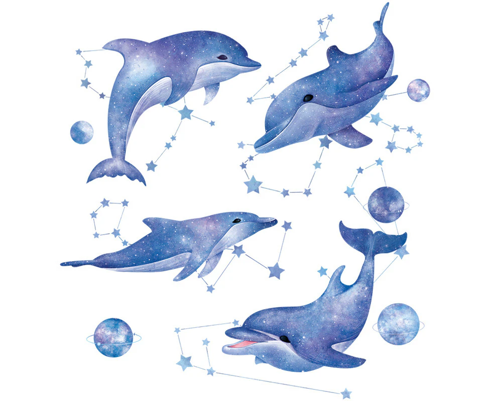 Cute Dolphins Whales Wall Stickers Decals (Size:93cm x 100cm)