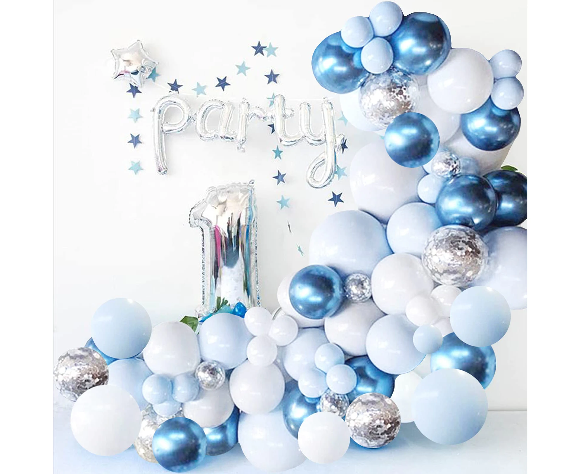 Hyloxs Blue Balloon Garland Arch Kit - 126pcs Metallic Blue White and Silver Confetti Latex Balloons for Birthday Wedding Graduation Background Decorations