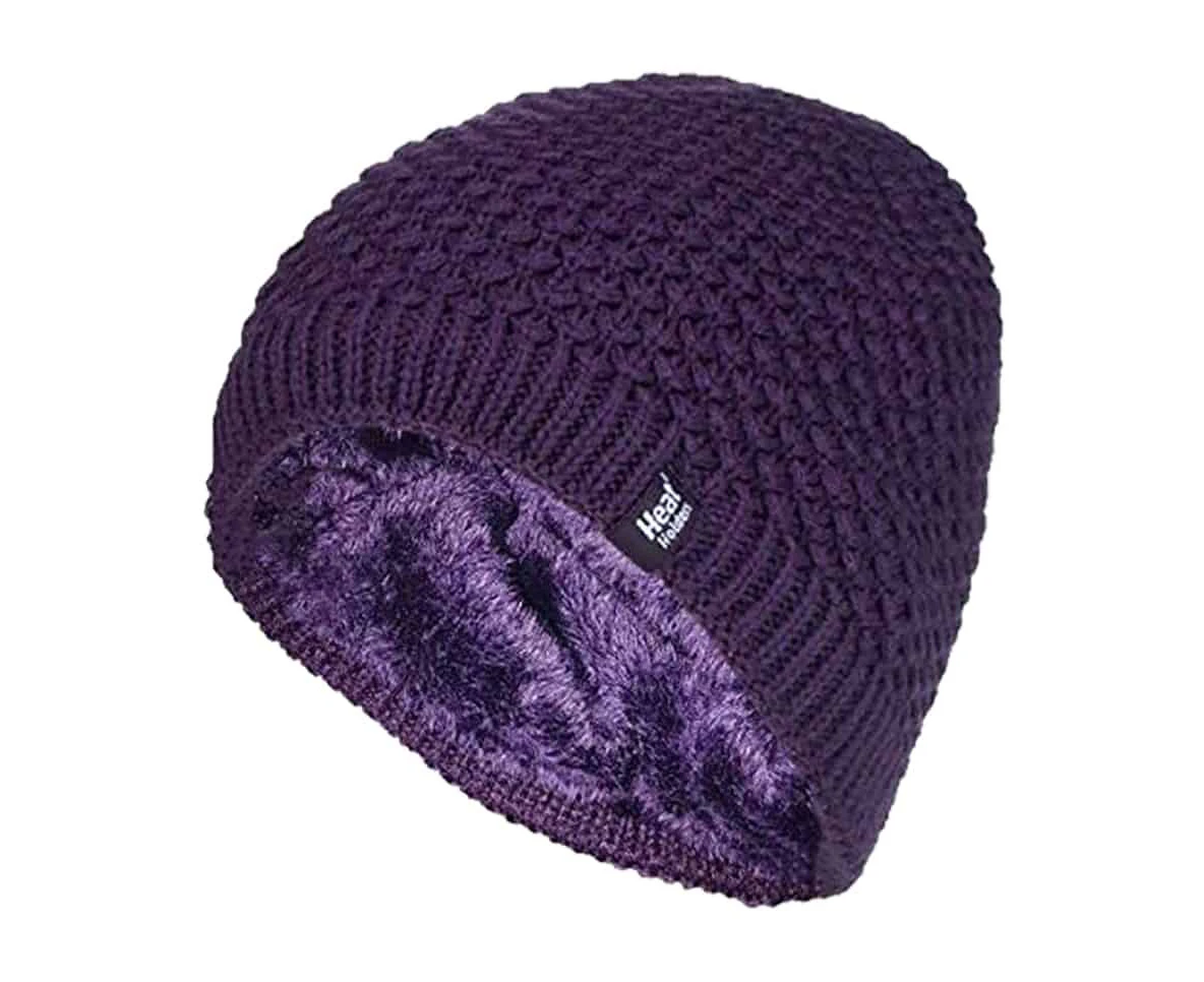 Heat Holders - Ladies Knit Fleece Lined Warm Thermal Beanie Hat - Purple