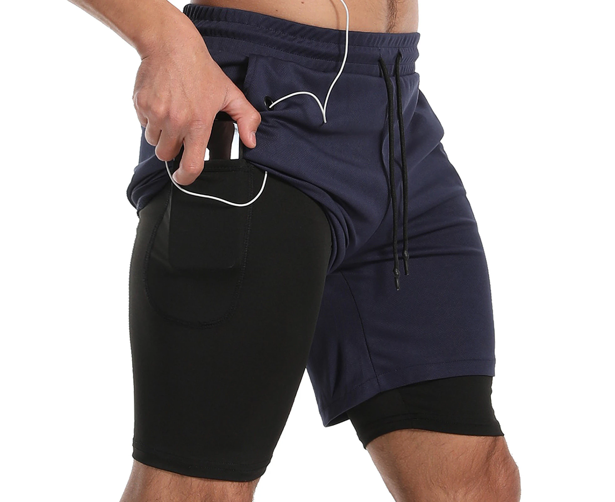 WeMeir Men's 2 in 1 Sports Shorts Running Athletic Shorts for Men Workout Shorts Gym Shorts with Pockets - Navy