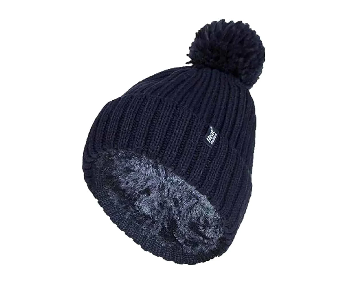 Ladies Ribbed Cuffed Thermal Insulated Winter Pom Pom Bobble Hat - Navy