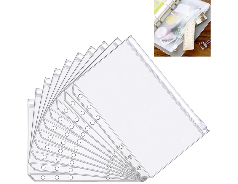 10pcs A5 Size 6 Holes Binder Pockets Translucent Plastic Binder Zipper Folder Leaf Pockets