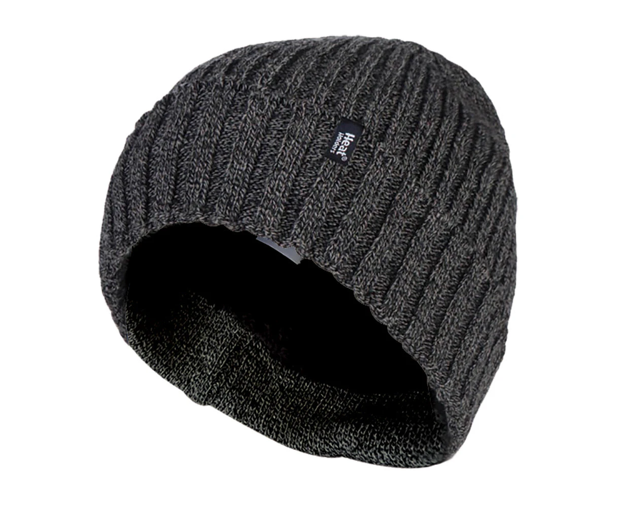 Heat Holders - Mens Ribbed Knit Fleece Lined Insulated Warm Turn Over Cuff Thermal Winter Beanie Hat - Grey