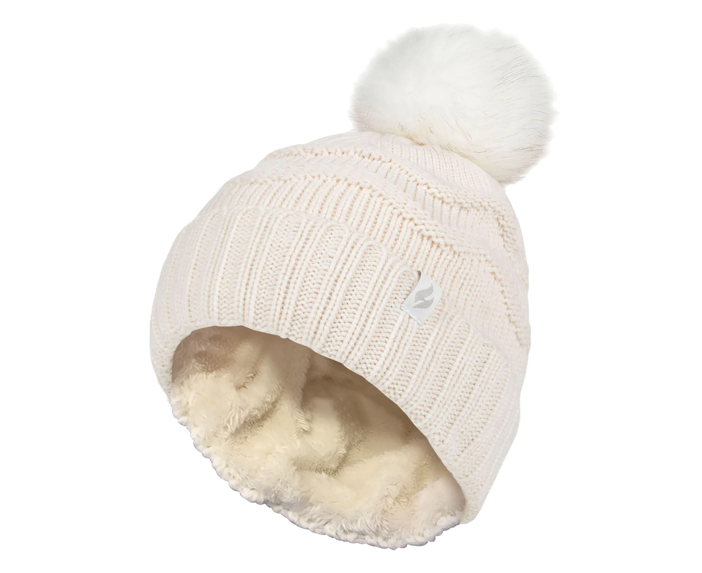 Ladies Winter Fur Beanie Hat | Heat Holders | Zigzag Patterned Pom Pom Hat | Womens Thermal Cuff Bobble Hat - Cream