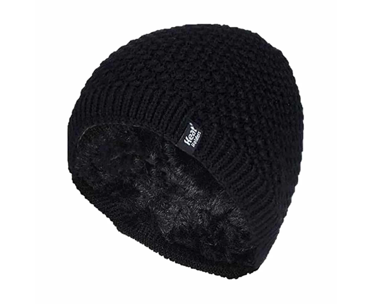 Heat Holders - Ladies Knit Fleece Lined Warm Thermal Beanie Hat - Black