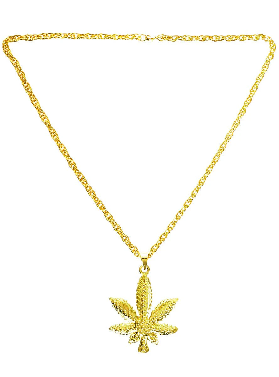 Hippie Gold Marijuana Leaf Costume Necklace-New