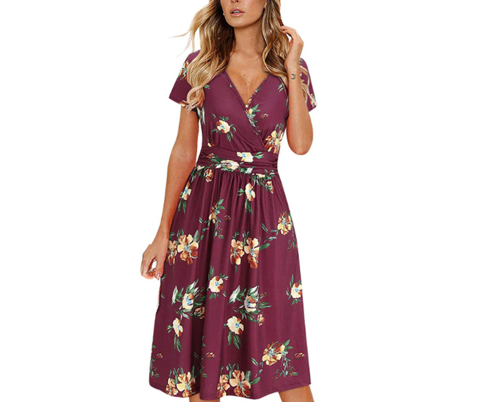 Women's Short Sleeve V-Neck Wrap Dress - Wine Red