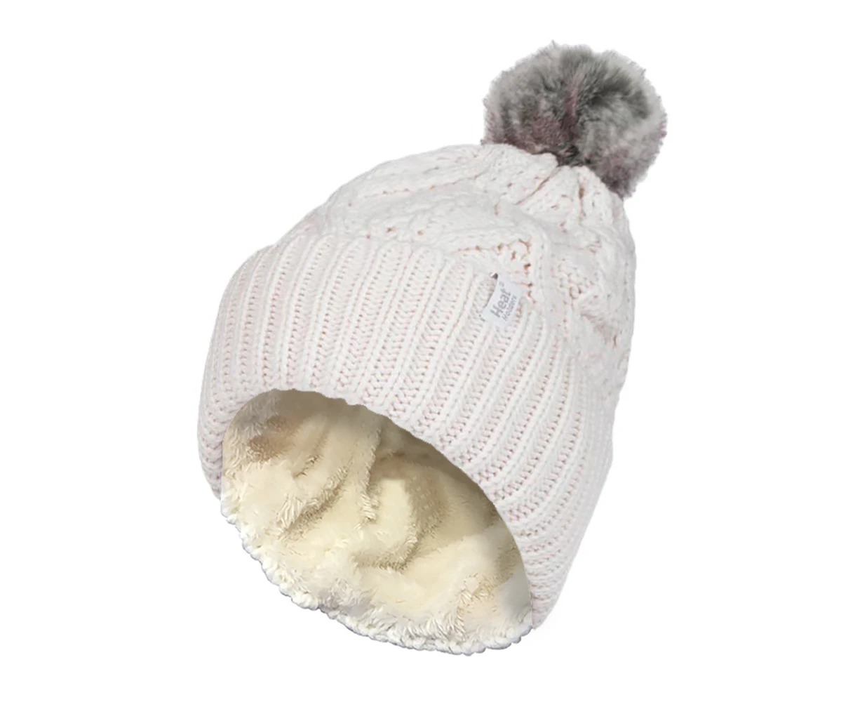 Ladies Ribbed Cuffed Pom Pom Bobble Beanie Hat with Fleece Lining - Cream