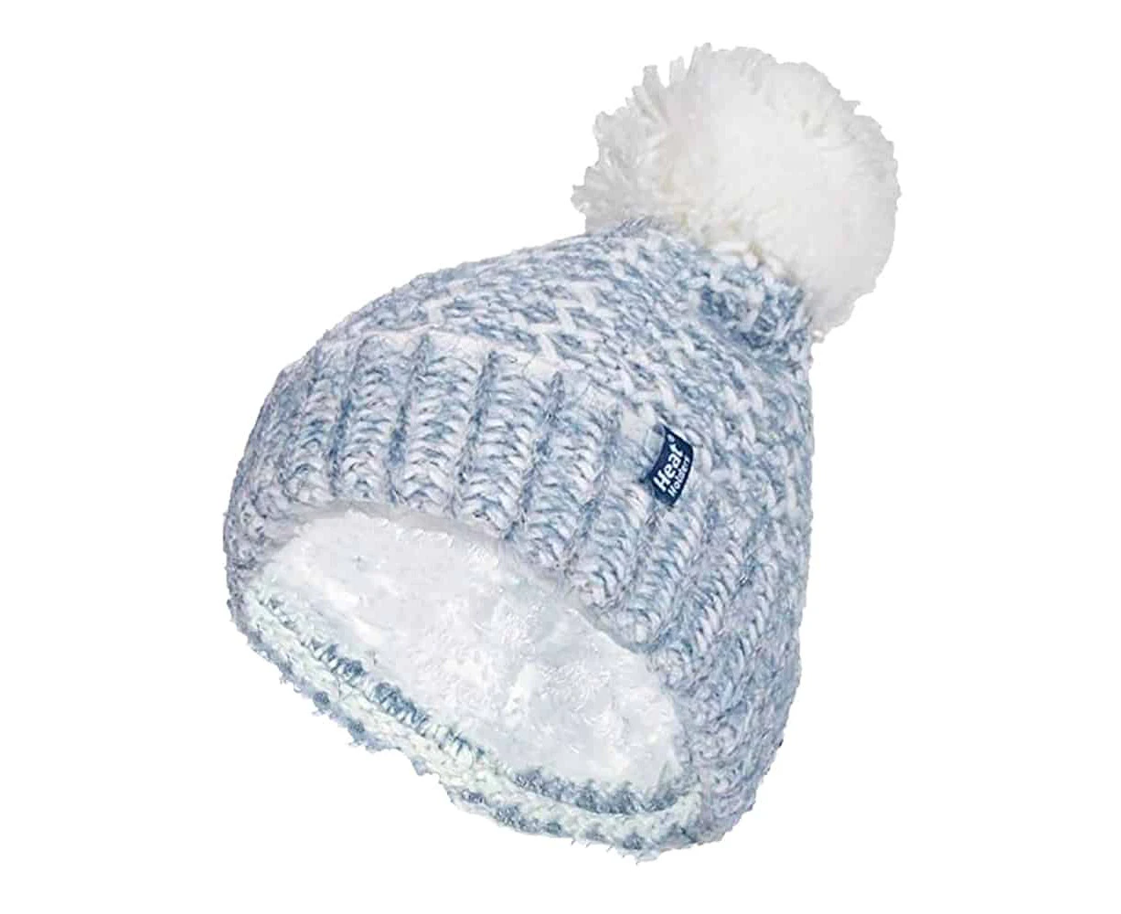 Ladies Fleece Lined Cuffed Thermal Winter Bobble Hat with Pom Pom - Denim