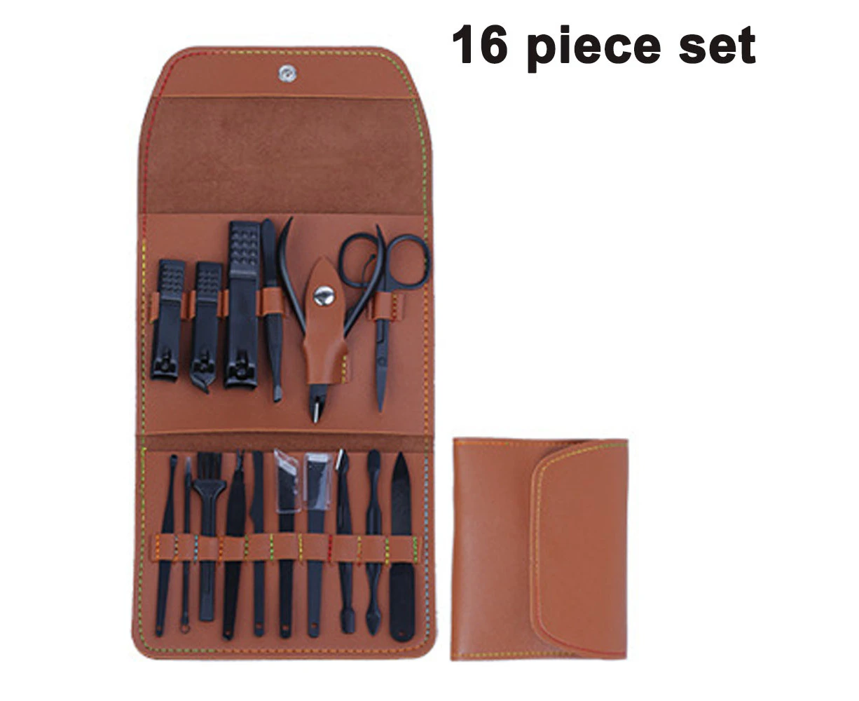 Manicure Set Nail Clippers Pedicure Kit 16pcs Stainless Steel Nail Cutter Care Tools Professional Grooming Kits with Travel Case for Women and Men - Brown