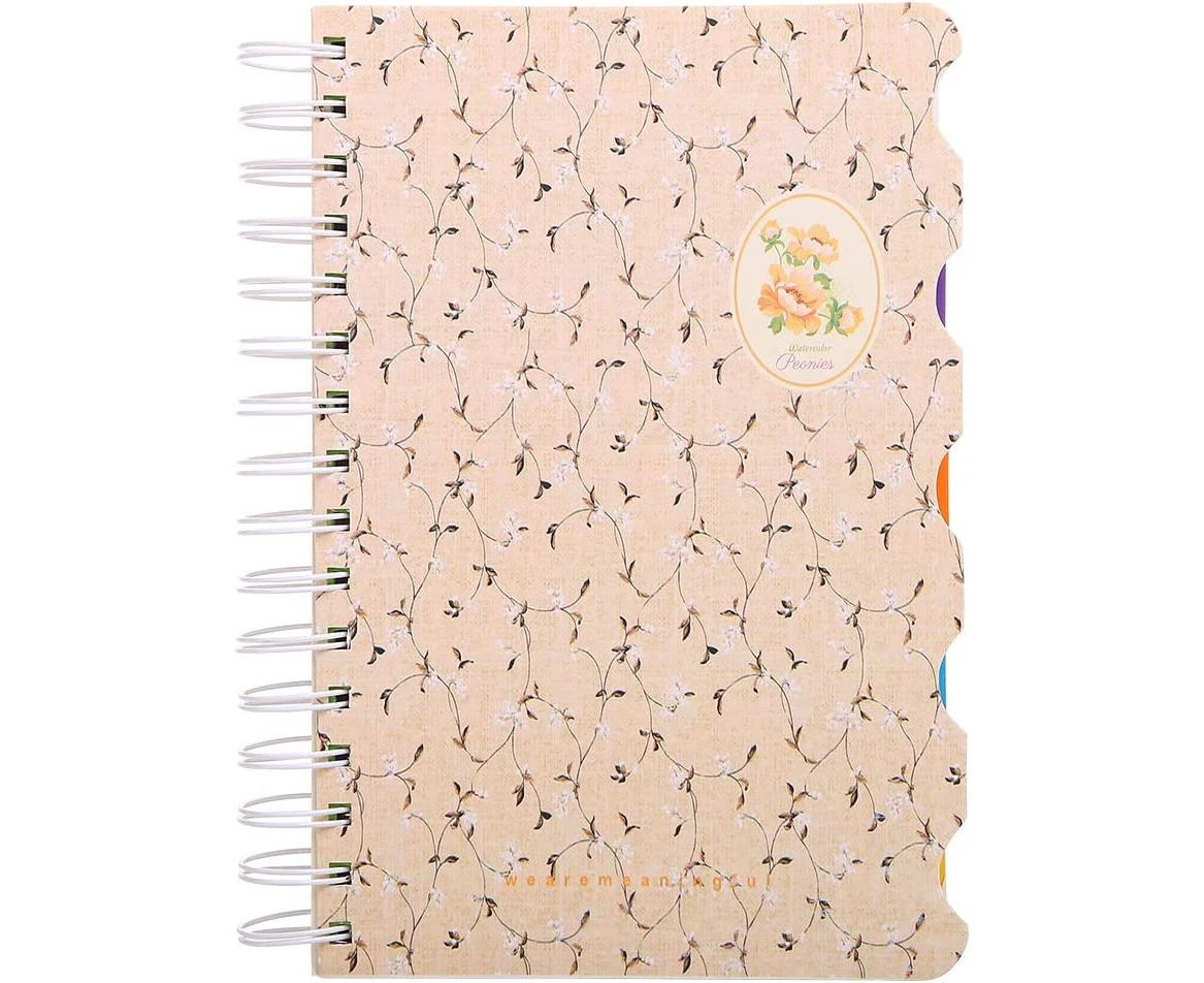 5 Subject Notebook，Wide Ruled Spiral Notebooks，A5 Travelers Notebook, Colored Dividers with Tabs, Cute Floral Notepad - Apricot