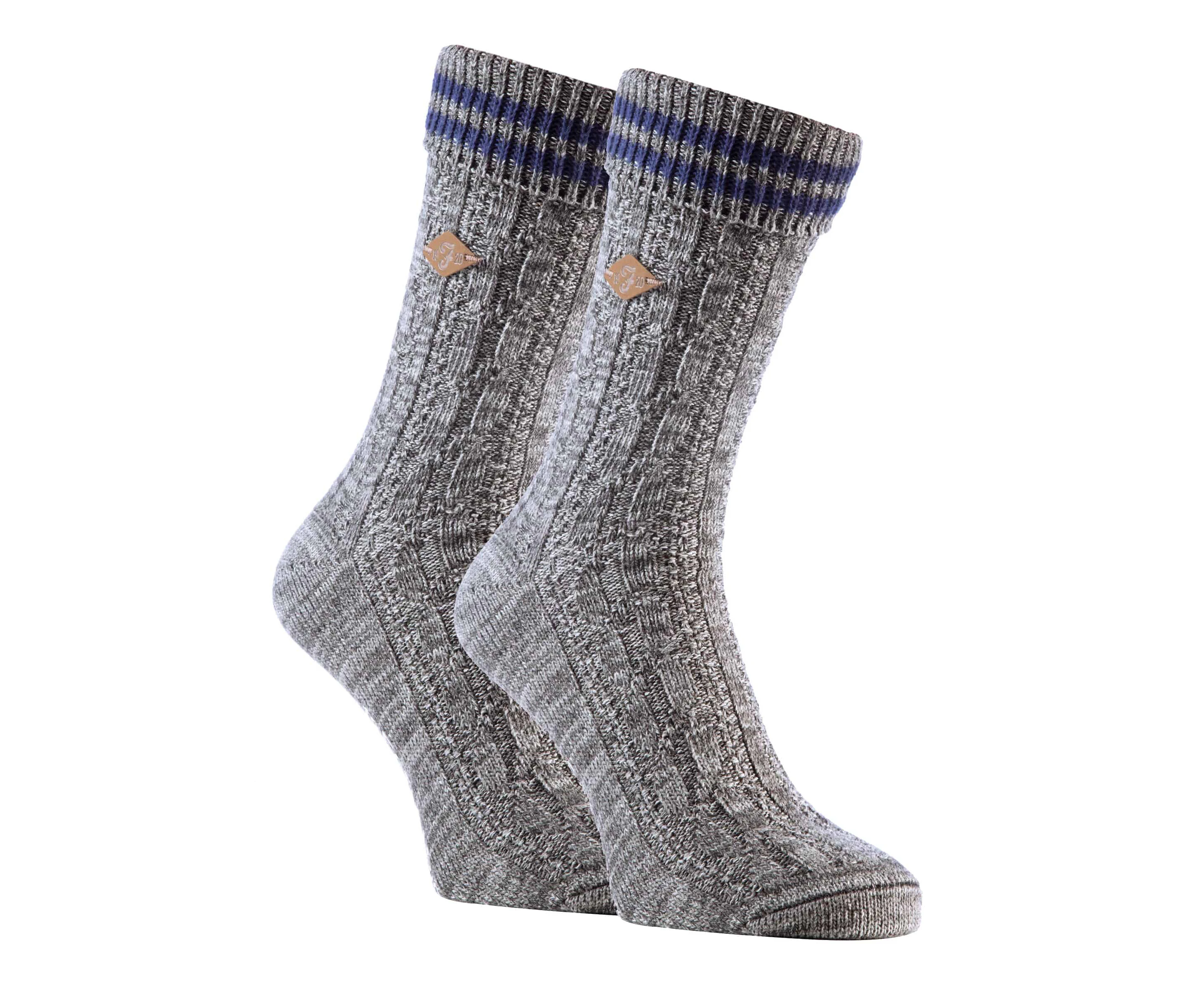 2 Pack Mens Cable Knit Cotton Boot Dress Socks with Turn Over Top - Grey / Blue