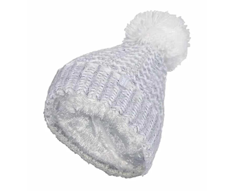 Ladies Fleece Lined Cuffed Thermal Winter Bobble Hat with Pom Pom - Light Grey