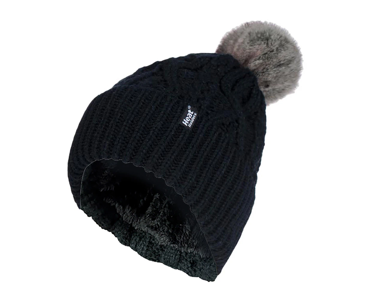 Ladies Ribbed Cuffed Pom Pom Bobble Beanie Hat with Fleece Lining - Black