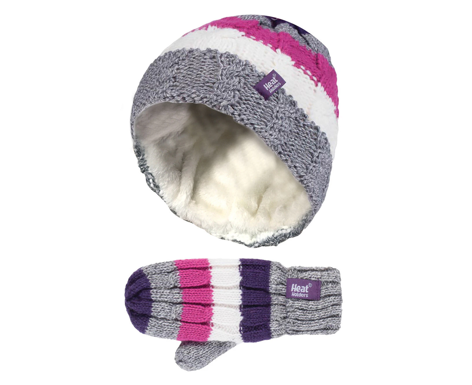 Heat Holders - Kids Girls Fleece Lined Knitted Striped Colourful Winter Thermal Hat and Mittens Set (3-6 Years, CS2P11) - PP1P12