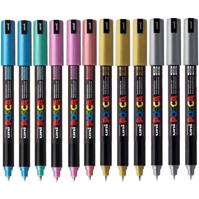 Uni Posca Coloured Metallic Marker 1mm Assorted Colours Box 12 Pc 1mr