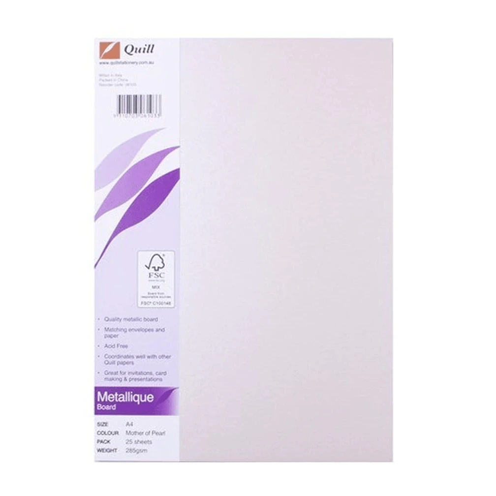 Quill Metallique Board Paper Thick 285gsm A4 Mother Of Pearl Pack 25