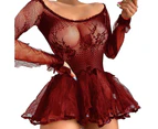 Ladies Sexy Tutu Dress Sleep Net Hollow Out Long Sleeve Mini Nightdress Home Wear - Wine Red