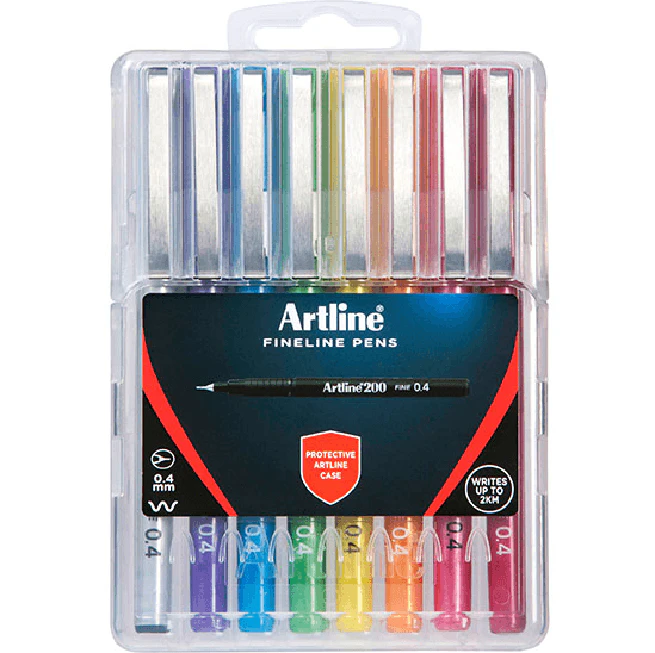 Artline 200 Fineliner Pen 0.4mm Bright Assorted Colours Hard Case Pack 8