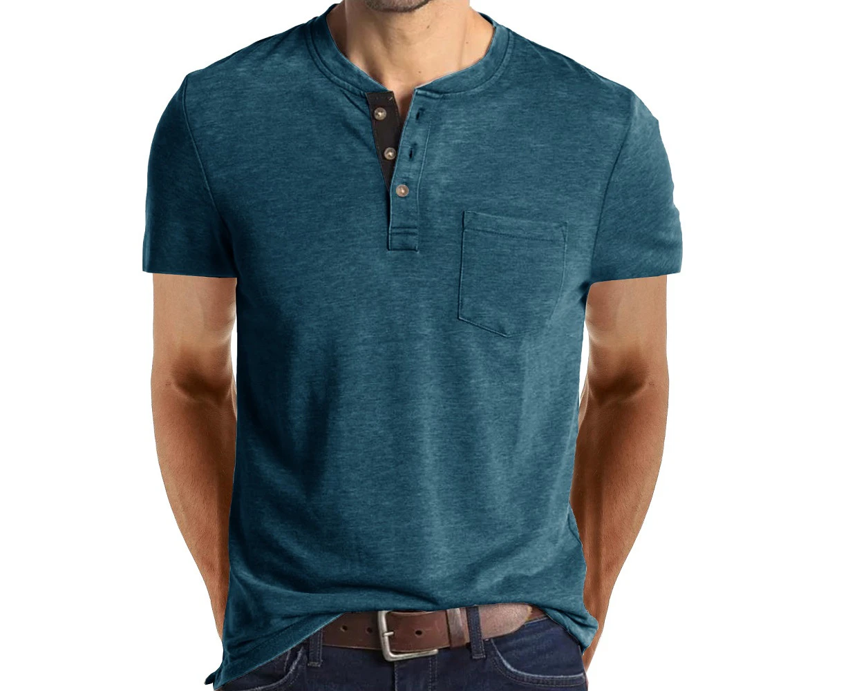 WeMeir Men's Short Sleeve Henley T-shirts Casual Button Down Shirtsfor Men Cotton Tee Tops with Pocket - Blue