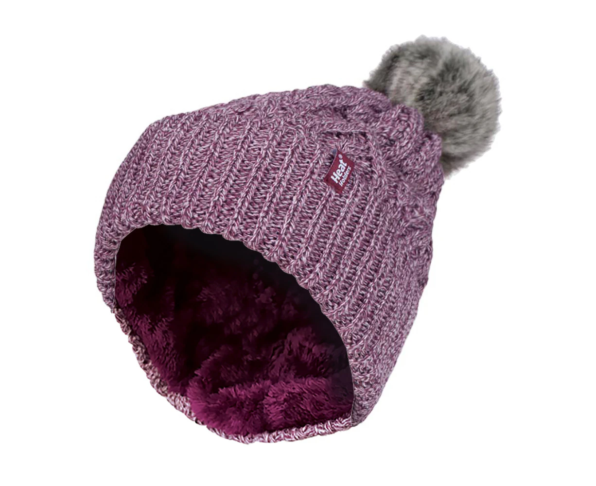 Ladies Ribbed Cuffed Pom Pom Bobble Beanie Hat with Fleece Lining - Rose