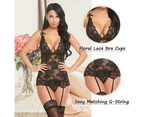 Women’s Lace Babydoll with Garter Mini Teddy Bodysuit Sexy Lingerie Backless Chemise - Black